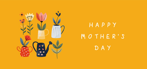 Happy Mother's Day. Vector cute illustration of watering can with tulip flowers,  leaf, leaves, plant, flower in a pot for greeting card, poster or background