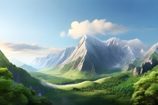 Clean nature in the big forest. Image of a mountain range with lush forests and a clear sky. There is a large rock in the picture. You'll feel refreshed when you see it and want to go on a Generative 