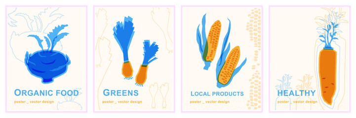 Leeks, corn, kohlrabi and daikon radish. Set of vector vegan posters with vegetables in risograph style.