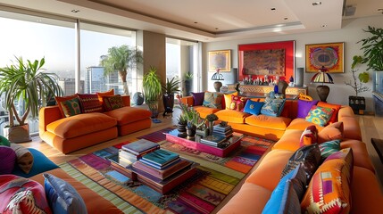 Imagine a vibrant living room in a city condominium, with eclectic furnishings and a balcony terrace for relaxation  attractive look