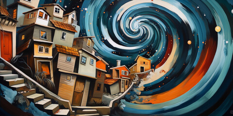 Whimsical cartoon illustration of a town in a whirlpool in a colorful and painterly style.