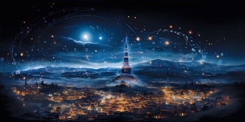Fantasy illustration of a city with a glowing tower at night