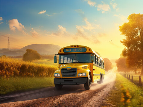Sunrise sets the sky ablaze as a school bus departs, its yellow frame aglow with hope, ferrying dreams into the dawn