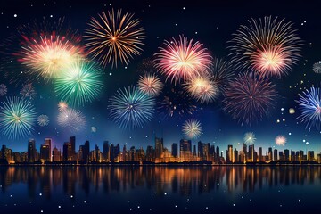 Fototapeta na wymiar Fireworks blooming over the city at night. AI technology generat