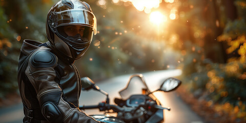 A motorcyclist clad in protective gear pauses on a forest road