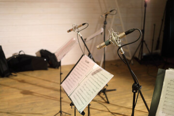 Professional microphones, notes in modern empty sound recording studio