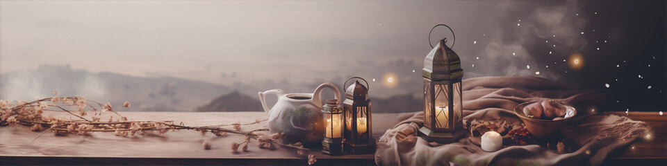 Still life with a lantern, a candle, and a vase on a wooden table with a blurred background in warm colors. - obrazy, fototapety, plakaty