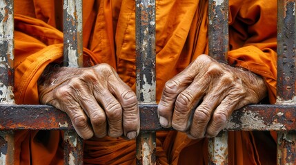 Close-up hands of mature male prisoner wearing bright orange robe - obrazy, fototapety, plakaty