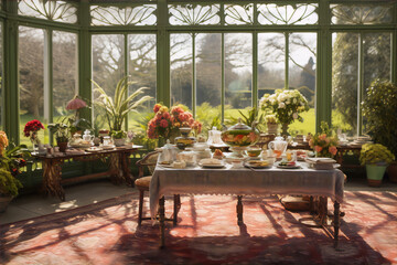 An elegant table set for afternoon tea in a beautiful sunlit conservatory with a view of the garden. - obrazy, fototapety, plakaty
