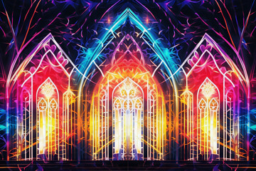 Stained glass church windows, bright colors, glowing light rays, symmetrical, intricate, delicate, ornate, Gothic architecture. - obrazy, fototapety, plakaty