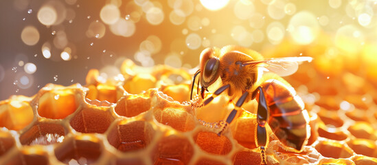 bee on a honeycomb collecting nectar for honey production - obrazy, fototapety, plakaty