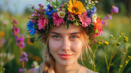 Young woman with flower crown in sunny meadow