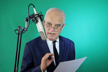 Radio host reading the news with seriousness and professionalism. Journalist reporting with a...