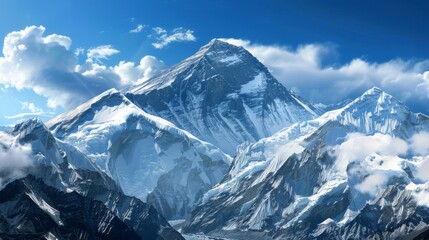 Fototapeta na wymiar The summit of Mount Everest, covered in snow, stands as the loftiest peak on Earth