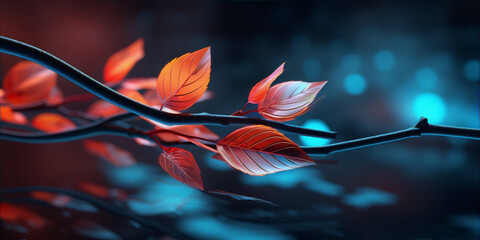 3D illustration of red leaves on a branch with a blurred blue background. - obrazy, fototapety, plakaty