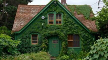 Fototapeta na wymiar Green ivy-covered house with eco-friendly living concept