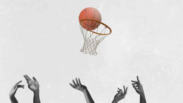 Sport in your life. Human hands playing basketball. Contemporary art video collage. Stop motion animation. Concept of healthy active life, sport, teamwork, cooperation, goals and support