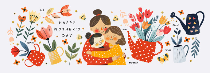 Happy Mother's Day. Vector cute illustrations of mother, grandmother and daughter hugging, watering can with tulip flowers, leaf for greeting card, poster or background