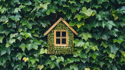 Eco-friendly birdhouse camouflaged in lush green ivy