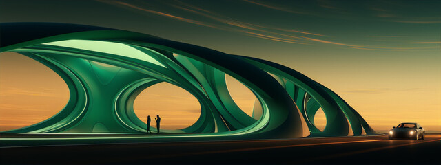 Futuristic green structure with a road and a car in the desert at sunset. - obrazy, fototapety, plakaty