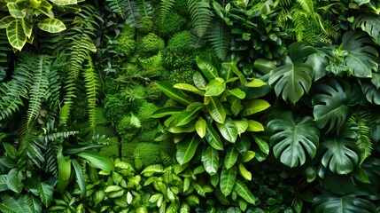 Lush green foliage background featuring a variety of plants - obrazy, fototapety, plakaty