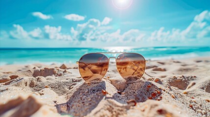 Hello summer vibes with sunglasses on sandy beach - obrazy, fototapety, plakaty