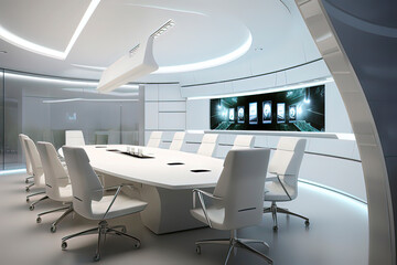 Multimedia conference room. AI technology generated image - obrazy, fototapety, plakaty