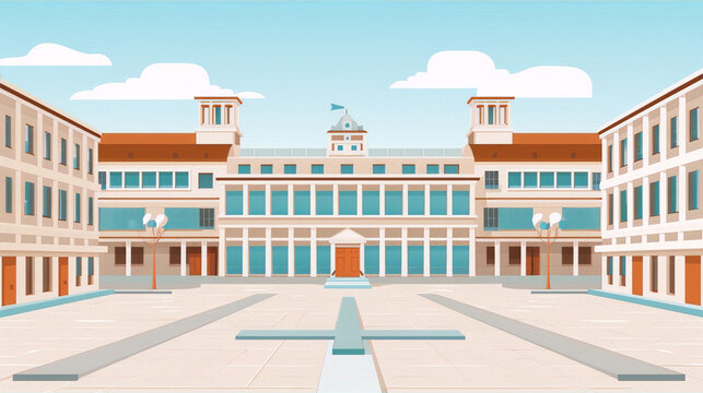 The image is of a large, symmetrical, neoclassical building with a courtyard in front of it. The building has a red roof and white walls, and the courtyard is paved with red and white tiles. There ar
