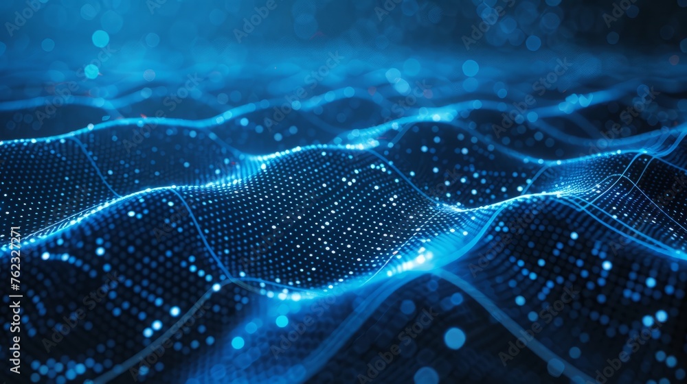 Poster a fluid formation of hexagons rippling across a digital ocean, capturing the dynamic nature of data 