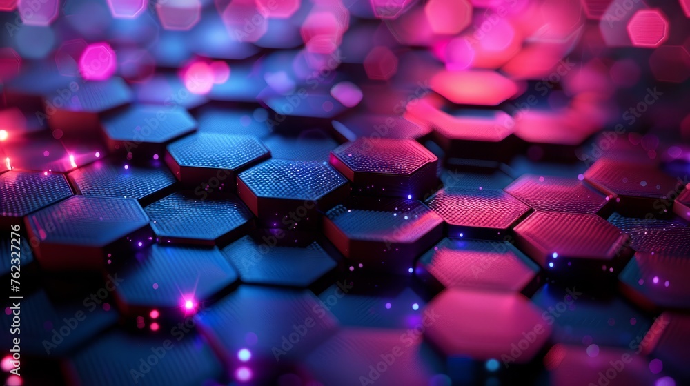 Poster dynamic array of cybernetic hexagons pulsating with energy on a sleek, digital canvas, showcasing al