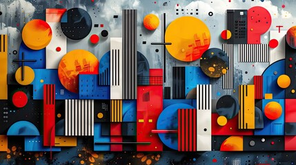 Vibrant abstract illustration of geometric shapes, contrasting colors, and intricate textures, conveying a dynamic and modern aesthetic