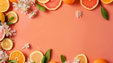 Vibrant citrus slices and summer flowers forming a lively border on a pastel orange backdrop, space for text