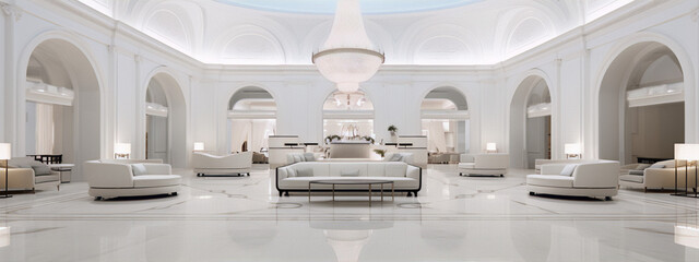 3D rendering of a grand hall with white marble floors, walls, and columns. - obrazy, fototapety, plakaty