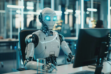AI robot sitting at the desk and working in the office: artificial intelligence, business and automation concept