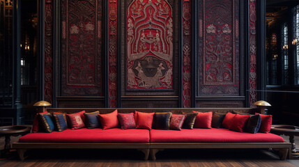A red velvet sofa sits in a room with dark wood walls and colorful tapestries. - obrazy, fototapety, plakaty