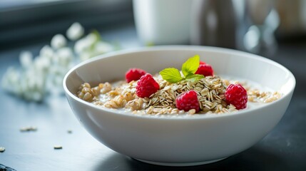 Simple delicious porridge with raspberries in a white bowl. Generated by artificial intelligence.