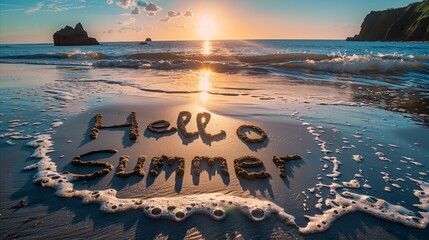 Hello Summer written in the sand on a sunny beach - obrazy, fototapety, plakaty