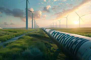 Réseau de distribution et de production d'énergie verte avec un pipeline a hydrogene traversant un superbe paysage avec des éoliennes - 762327494