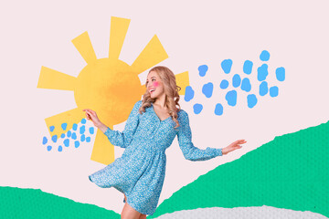 Composite photo collage of curly hair blonde woman wear dress windy warm weather sun rain spring time blush isolated on painted background