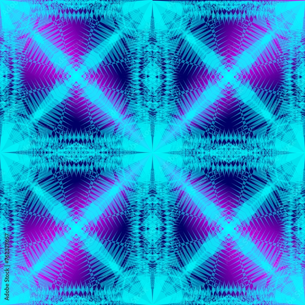 Poster abstract background with symmetrically arranged geometric shapes, sharp edges, rays, arrows in turqu