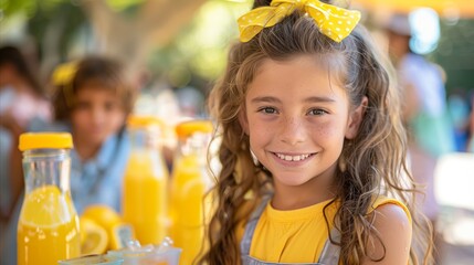 Young girl selling homemade lemonade at stall - obrazy, fototapety, plakaty