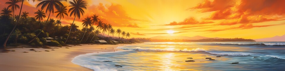 At the end of the world, a paradise beach basks in the golden light of the setting sun. The sky is ablaze with fiery hues, mirrored in the crystal-clear waters that stretch endlessly. 