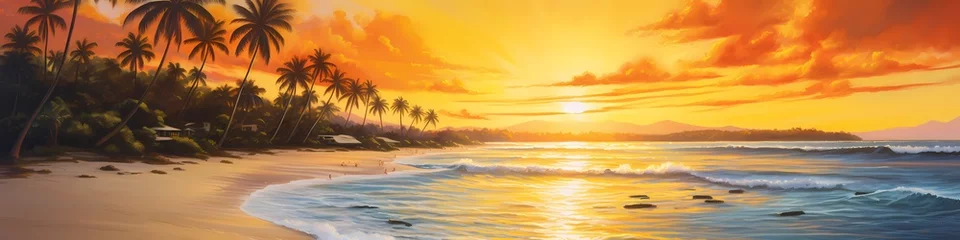 Wandaufkleber At the end of the world, a paradise beach basks in the golden light of the setting sun. The sky is ablaze with fiery hues, mirrored in the crystal-clear waters that stretch endlessly.  © HASHMAT