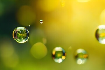 Slow motion of the abstract air bubbles on sunny yellow green sunny nature bokeh background....