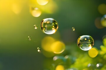 Slow motion of the abstract air bubbles on sunny yellow green sunny nature bokeh background. Generative AI, - obrazy, fototapety, plakaty