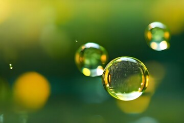 Slow motion of the abstract air bubbles on sunny yellow green sunny nature bokeh background. Generative AI, - obrazy, fototapety, plakaty