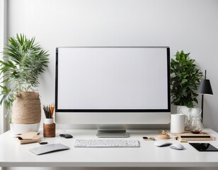 Digital generated image of comfortable workplace with potted plants, books, pegboard, paper sticky note, table lamp and computer