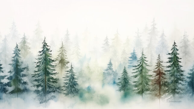 Watercolor landscape of fir trees in the fog, mountains spruce trees forest border, background wallpaper, print, for printing, poster, wall art painting, interior, Generative ai