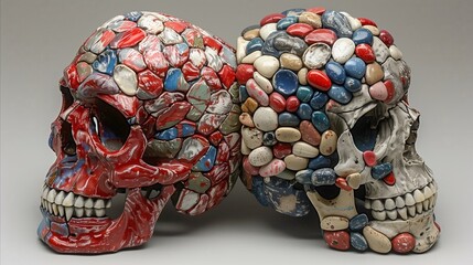 Artistic representation of skulls covered in colorful pills - obrazy, fototapety, plakaty