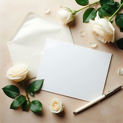 Greeting card, invitation card Concept template. Empty white paper and envelope with white rose beside the paper.